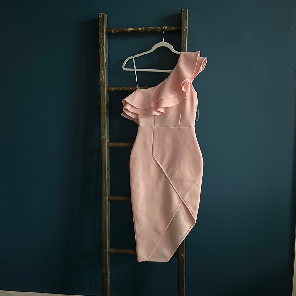 Pink asymmetrical body con dress. XS